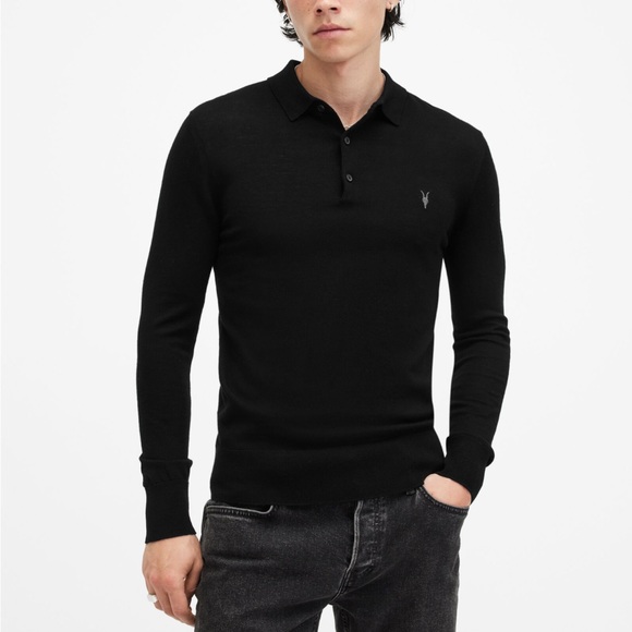 ALL SAINTS Mode Merino Long Sleeve Polo Shirt - Picture 2 of 8